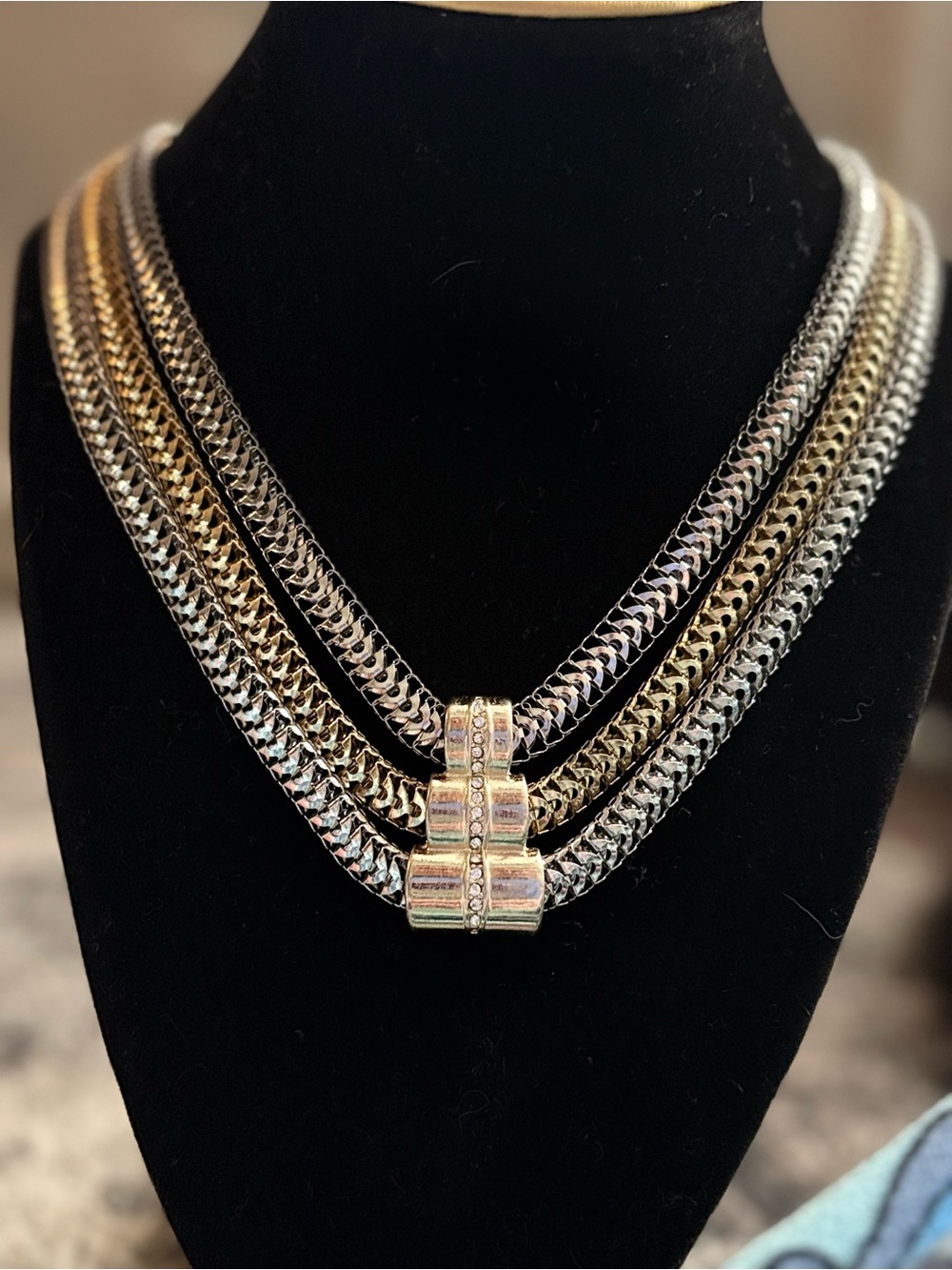 Two-Tone Layered Chain Necklace with Rhinestone Accent in Silver and Gold